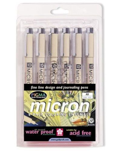 Pigma 30063 Micron Fine Line Design Pen 6 Color Pack .25mm; True color reproduction; Acid free ink, waterproof, water based, has no odor, will not smear nor feather when dry and will not bleed through most papers; Use for sketching, pen and ink illustrations, awards, freehand art, calligraphy, as well as general letter writing and legal documents; AP nontoxic; Dimensions 7.00 x 4.00 x 0.12 in; Weight 0.15 lbs; UPC 053482300632 (PIGMA30063 PIGMA-30063 MICRON-30063 PEN DRAWING SKETCHING)