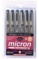 Pigma 30064 Micron Fine Line Design Pen 6 Color Pack .20mm; True color reproduction; Acid free ink, waterproof, water based, has no odor, will not smear nor feather when dry and will not bleed through most papers; Use for sketching, pen and ink illustrations, awards, freehand art, calligraphy, as well as general letter writing and legal documents; AP nontoxic; Dimensions 7.00 x 4.00 x 0.12 in; Weight 0.18 lbs; UPC 053482300649 (PIGMA30064 PIGMA-30064 MICRON-30064 PEN DRAWING SKETCHING) 