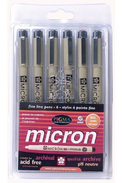 Pigma 30064 Micron Fine Line Design Pen 6 Color Pack .20mm; True color reproduction; Acid free ink, waterproof, water based, has no odor, will not smear nor feather when dry and will not bleed through most papers; Use for sketching, pen and ink illustrations, awards, freehand art, calligraphy, as well as general letter writing and legal documents; AP nontoxic; Dimensions 7.00 x 4.00 x 0.12 in; Weight 0.18 lbs; UPC 053482300649 (PIGMA30064 PIGMA-30064 MICRON-30064 PEN DRAWING SKETCHING)