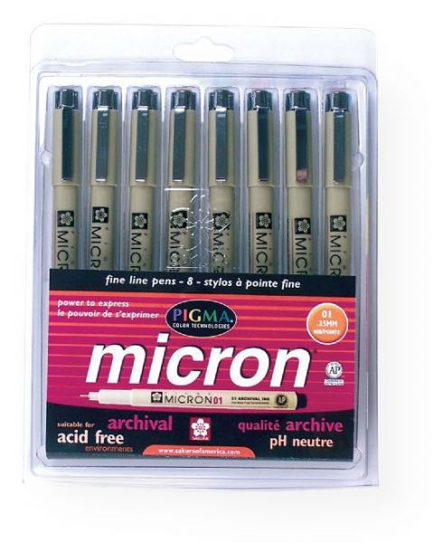 Pigma 30068 Micron Fine Line Design Pen 8-Color Pack .25mm; True color reproduction; Outstanding acid-free ink is archival quality, waterproof, waterbased, has no odor, will not smear nor feather when dry and will not bleed through most papers; Use for graphic art, sketching, pen and ink illustrations, awards, freehand art, calligraphy, as well as general letter writing and legal documents; AP non-toxic; UPC 053482300687 (PIGMA30068 PIGMA-30068 MICRON-30068 SKETCHING GRAPHIC ART)