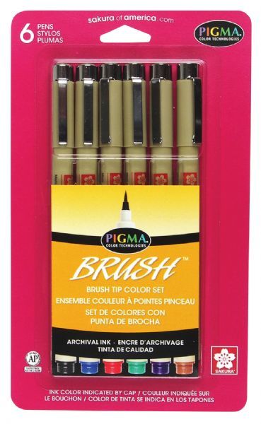 Pigma 38061 Brush Pen 6 Color Pack; True color reproduction; Archival performance; Flexible brush style nib, Capable of drawing very fine lines or broad strokes depending on the pressure applied; Waterproof, chemical proof, and fade resistant, will not smear or feather when dry; Use for graphic art, calligraphy, fabric projects, awards, and certificates; AP nontoxic; Dimensions 7.00 x 4.00 x 0.75 in; Weight 0.02 lbs; UPC 053482380610 (PIGMA38061 PIGMA-38061 BRUSH-38061 PEN DRAWING SKETCHING)