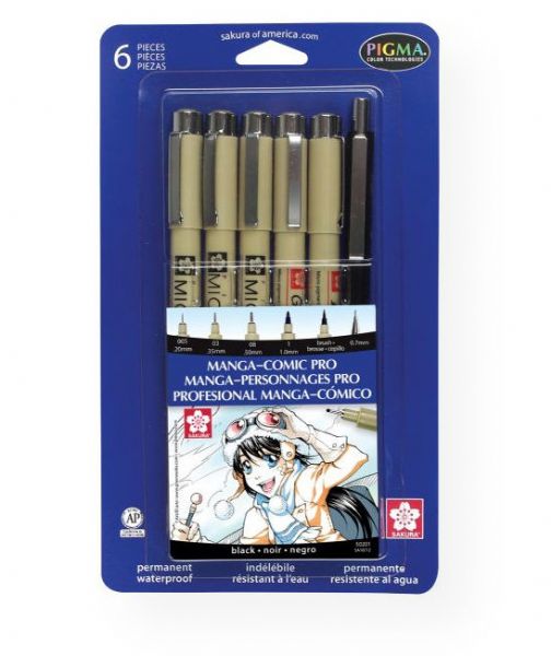 Pigma 50201 Manga-Comic Pro Sketching and Inking 6-Piece Set; For professional Manga comic artists to create graphic novels and illustrations; Archival black pigment ink is fade- and chemical-resistant and waterproof; Set contains Pigma Micron .20mm, .35mm, and .50mm pens, Pigma Graphic 1.0mm pen, Pigma Brush, and a 0.7mm fixed sleeve mechanical pencil; Contents subject to change; Shipping Weight 0.19 lb; UPC 053482502012 (PIGMA50201 PIGMA-50201 SKETCHING MANGA)