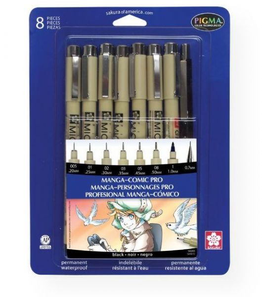 Pigma 50203 Manga-Comic Pro Sketching and Inking 8-Piece Set; For professional Manga artists; Archival black pigment ink is fade- and chemical-resistant and waterproof. Set includes one each Pigma Micron 005, 01, 02, 03, 05, and 08, a 1.00 mm Pigma Graphic, and a 0.7 mm fixed sleeve mechanical pencil. Contents subject to change; Shipping Weight 0.23 lb; Shipping Dimensions 7.25 x 5.50 x 0.75 inches; UPC 053482502036 (PIGMA50203 PIGMA-50203 DRAWING SKETCHING MANGA)