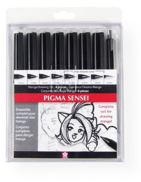 Pigma 50204 Sensei 8-Pack Pen Set; Designed specifically for Manga and comic artists; Set contains: .3mm, .4mm, .6mm, 1mm, chisel (1mm, 2mm, 3mm), .7mm pencil; Contents subject to change; Shipping Weight 0.17 lb; Shipping Dimensions 7.00 x 5.25 x 0.65 in; UPC 053482502043 (PIGMA50204 PIGMA-50204 SENSEI-50204 PEN)