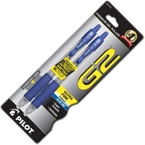 Pilot 31272 Gel Roller Pens Ultra Fine Tip Blue, Pack Of 2; G2 contains a dynamic gel ink formulated for smooth and long lasting writing; Retractable and refillable, G2 writes longer than the average of the top branded gel ink pens; Comfortable rubber grip; Blue; Ultra Fine Tip; Pack of 2; Dimensions 0.68