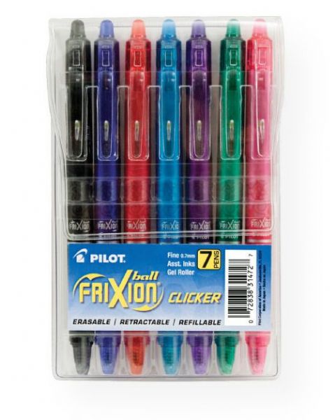 Pilot P31472 FriXion Ball Clicker Erasable Gel Pen; The world's first retractable and erasable gel pen! Writes smoothly and erases cleanly without damaging documents; The heat generated by erasing friction causes the unique thermo-sensitive gel ink to become clear so the words disappear completely from the page; The eraser is at the top of the pen, and the tip is retractable by pressing clip down; Fine 0.7mm line; 7-color set; UPC 728383147272 (PILOTP31472 PILOT-P31472 FRIXION-P31472 PEN)