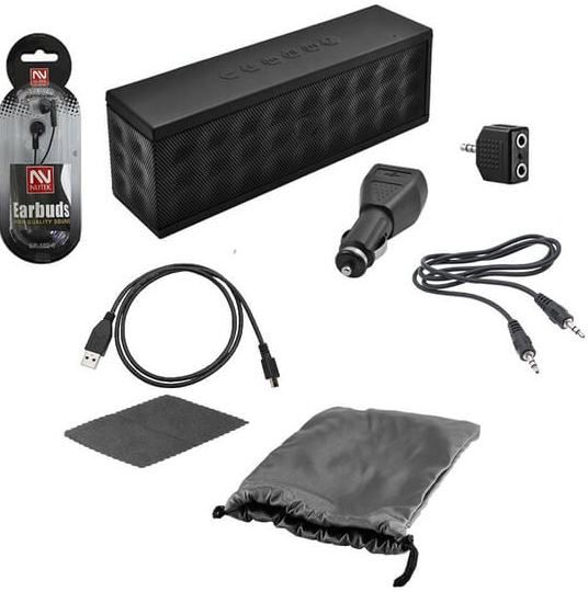 Neonix PKG9 Bluetooth Speaker with Accessory Kit, Includes: Wireless Bluetooth Speaker, Earphones, Car Charger, Audio Splitter, Aux cable, Micro USB Cable, Cleaning Cloth, Large Pouch, For tablets and all generations of iPad with Bluetooth Speaker, UPC 827396528662 (PKG9 PK-G9)
