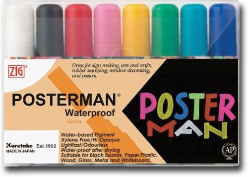 Zig PMA-120/8V Posterman, 15mm Waterproof Marker Set; Paint markers are waterproof after drying; Suitable for various surfaces such as paper, plastic, wood, glass, metal, white boards, chalkboards, or illumination boards; Water-based pigment ink is lightfast, odorless, highly opaque, or xylene-free; UPC 847340001829 (ZIGPMA1208V ZIG PMA1208V PMA 1208V PMA 120 8V PMA-1208V PMA-120-8V)