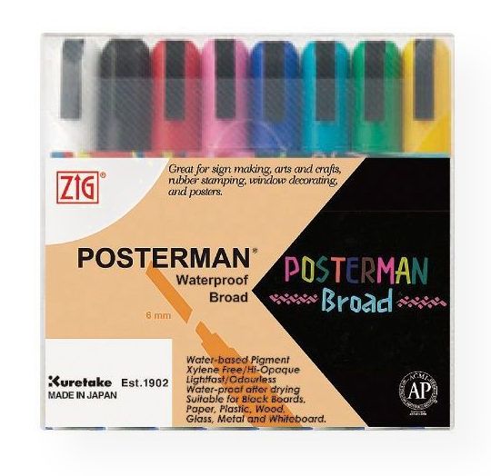 Zig PMA-50/8V Posterman 6mm Waterproof Marker Set; Paint markers are waterproof after drying; Suitable for various surfaces such as paper, plastic, wood, glass, metal, white boards, chalkboards, or illumination boards; Water-based pigment ink is lightfast, odorless, highly opaque, or xylene-free; 8-color set, primary; 6mm; Shipping Weight 0.49 lb; Shipping Dimensions 5.91 x 0.79 x 5.71 inches; UPC 847340001591 (PMA508V ZIG-PMA508V ZIG-PMA-50-8V)