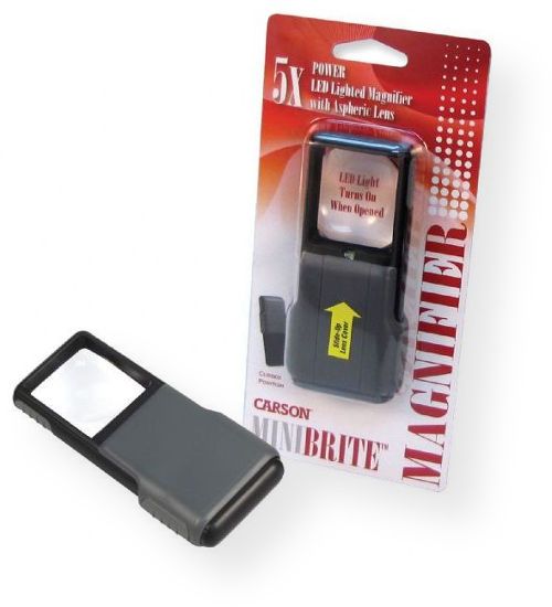 Carson PO-55 MiniBrite LED Pocket Slide Out Magnifier; A compact, 5x power, slide out magnifier with a protective plastic sleeve; Comes equipped with a built in LED light; Has a sharp, distortion free view due to its crystal clear acrylic aspheric lens, no blurring; Compact enough to fit in your shirt pocket or purse; UPC 750668009135 (CPO55 PO-55 LED-PO-55 MAGNIFIER-PO-55 CARSONPO-55 CARSON-PO-55)