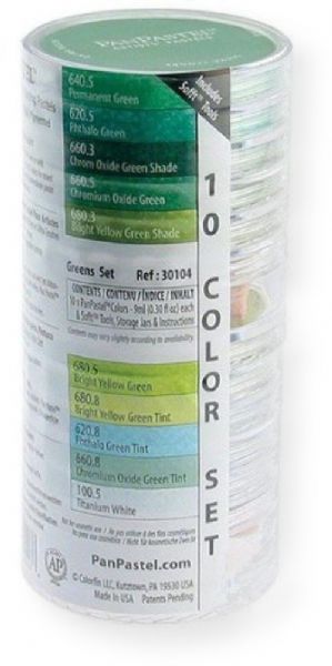 PanPastel PP30104 Ultra Soft Green Pastels, 10-Color Set; Professional grade, extremely fine lightfast pastel color in a cake form which is applied to almost any surface; Dry colors are essentially dustless, go on smooth as if like fluid; UPC 879465002078 (PP30104 PP-30104 PP301-04 PP30-104 PP3-0104 PANPASTEL-PP30104) 