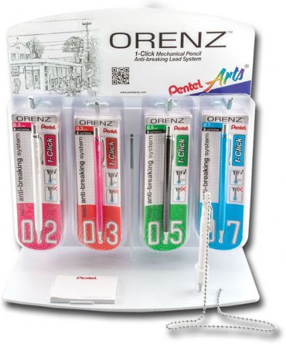 Pentel PP500-24D Orenz, 1-Click Mechanical Pencil Display; Contains 24 mechanical pencil; Super Sliding Sleeve and keep writing until the sleeve fully retracts then click only once again; Lead should not extend past the metal tip - it will write without you actually seeing the lead; Unique Super Sliding Sleeve prevents lead from breaking; UPC 072512265789 (PENTELPP50024D PENTEL PP50024D PP500 24D PENTEL-PP50024D PP500-24D)