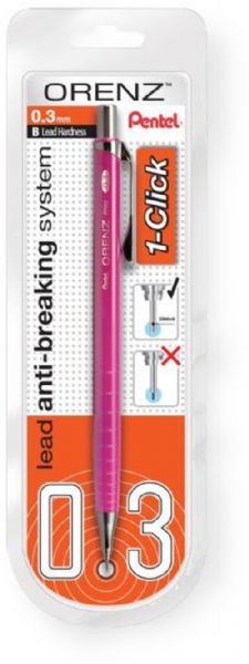 Pentel PP503PPABP Orenz 1 Click Mechanical Pencil; Pink Red Barrel; Click only once to extend the unique Super Sliding Sleeve and keep writing until the sleeve fully retracts then click only once again; Lead should not extend past the metal tip, it will write without you actually seeing the lead; UPC 072512264331 (PP503PPABP PENCILPP503PPABP ORENZ-PP503PPABP PENTELPP503PPABP PENTEL-PP503PPABP)