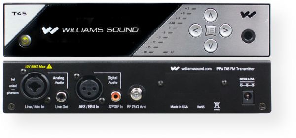 Williams Sound PPA T45 Large-area FM base-station transmitter with multiple digital audio inputs, Multiple Digital Audio Inputs (AES, SPDIF) provide direct connection to digital signal sources, OLED high-resolution screen with simplified menu navigation, offers comprehensive and convenient access to full system functions, DSP Audio Processing, Sleek and stylish new design, Simple set-up and operation, 1000 operating range, OLED display (PPAT45 PPA T45)