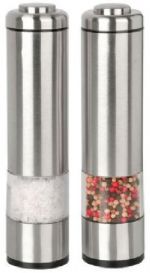 Kalorik PPG 26914 Electric Salt and Pepper Grinder Set, Electric salt & pepper mill, Product size (salt) dia 2 x 2 x 8.25, Product size (pepper) dia 2 x 2 x 8.25, With light, Ceramic grinder mechanism to avoid rust issues, Adjustable grinding level (with a screw), Bottom lid (to close when not used), Stainless steel housing (SUS-201), 4 x AA bateries operated (batteries are not included), UPC 877340001673 (PPG26914 PPG 26914) 