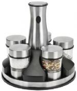 Kalorik PPG 36584 Rechargeable Electric Cordless Spice Mill Set; Rechargeable cordless spice mill set; Stainless steel finish; Rotary base display for five spice containers, for maximum versatility; All your spices, peppers and salt always ground fresh for maximum flavor and taste; All containers immediately interchangeable, for grinding on the fly; Containers with stainless steel base and lid; UPC 877340002816 (PPG36584 PPG 36584) 