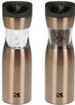 Kalorik PPG 37241 GD Electric Gravity Salt and Pepper Grinder Set Gold; Set of 2 electric pepper mills, with gravity function; Durable Stainless steel housing; With ceramic grinder, performant and rust free; Works on 6 x AAA batteries (each mill); Adjustable grind level, from coarse to fine; Dimensions: 2.5 x 2.5 x 7.33; UPC 848052002593 (PPG37241GD PPG 37241 GD) 