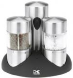 Kalorik PPG 40738 BK Rechargeable Stainless Steel Salt and Pepper Grinder Set; Set of 2 rechargeable electric mills; Base for 2 containers and rechargeable motor unit; Both containers immediately interchangeable, for grinding on the fly; Rechargeable: avoid the hassle or changing depleted batteries; Grinder in ceramic, performant and rust free; Powerful: Works on 6 x Ni-Mh 650mA rechargeable AA batteries (7.2V, included); UPC 848052002500 (PPG40738BK PPG 40738 BK) 