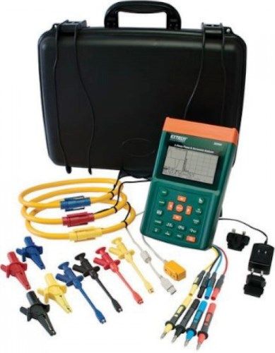 Extech PQ3350-1 Power Harmonics Analyzer Kit (1200A 12 in. Flexible current clamp probes), 3-Phase; Flexible clamp probes can be used for wrapping around bus bars and wire bundles; Large backlighting LCD displays up to 35 parameters in one screen; Clamp-on True RMS power measurements with on-screen Harmonics display; Simultaneous display of Harmonics and Waveform; UPC: 793950396209 (EXTECHPQ33501 EXTECH PQ3350-1 ANALYZER KIT)