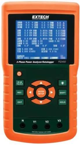 Extech PQ3450 Power Analyzer/Datalogger, 3-Phase, Datalogging Power Analyzer (Up to 30000 Sets of Measurements); Large dot-matrix sun-readable numerical backlit LCD with easy-to-use onscreen menu; Full system analysis with up to 35 parameters; V (phase-to-phase), V (phase-to-ground); A (phase-to-ground); KW / KVA / KVAR / PF (phase); KW / KVA / KVAR / PF (system); UPC: 793950334508 (EXTECHPQ3450 EXTECH PQ3450 POWER ANALYZER)