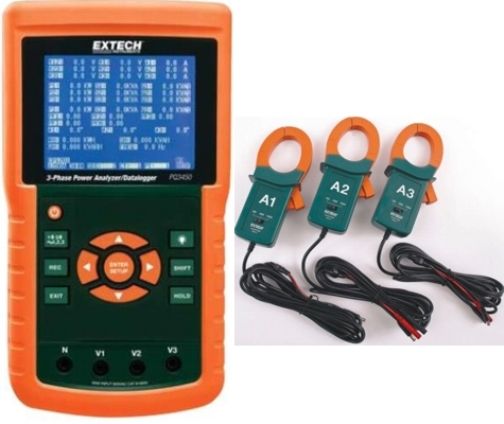 Extech PQ3450-12 Datalogging Power Analyzer Kit, 200A, Datalogging Power Analyzer (up to 30000 sets of measurements) and 200A Current Clamp Probes (set of 3); Large dot-matrix, sun-readable, numerical, backlit LCD with easy-to-use onscreen menu; Full system analysis with up to 35 parameters; UPC: 793950334546 (EXTECHPQ345012 EXTECH PQ3450-12 POWER ANALYZER)
