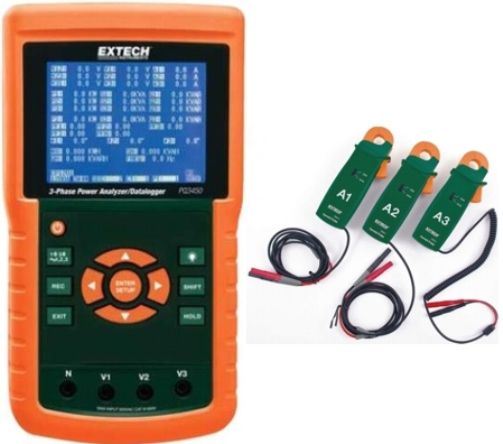 Extech PQ3450-2 Three-Phase Power Analyzer/Datalogger with PQ34-2 200A Current Clamp Probes; Large dot-matrix, sun-readable, numerical, backlit LCD with easy-to-use onscreen menu; Full system analysis with up to 35 parameters; Adjustable Current Transformer CT (1 to 600) and Potential Transformer PT (1 to 1000) ratio for high power distribution systems; UPC 793950334522 (PQ34502 PQ3450 2 PQ-3450-2 PQ 3450-2)