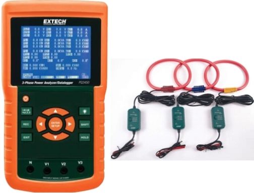 Extech PQ3450-30 Three-Phase Power Analyzer/Datalogger with PQ34-30 3000A Flexible Current Clamp Probes; Large dot-matrix, sun-readable, numerical, backlit LCD with easy-to-use onscreen menu; Full system analysis with up to 35 parameters; Adjustable Current Transformer CT (1 to 600) and Potential Transformer PT (1 to 1000) ratio for high power distribution systems; UPC 793950334539 (PQ345030 PQ3450 30 PQ-3450-30 PQ 3450-30)