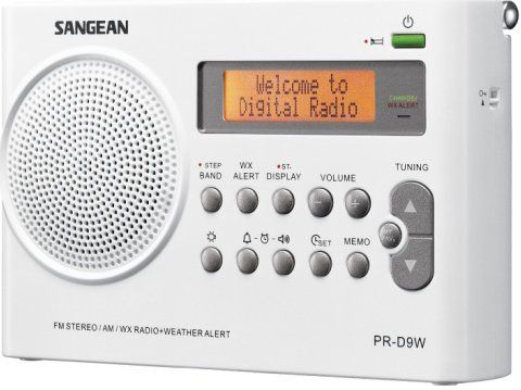 Sangean PR-D9W AM/FM/Weather Alert Rechargeable Portable Radio, White, 7 Preset Weather Channel, Automatic Alert Warns you of Hazardous Condition, Flashing Red LED Light with Emergency Siren, 19 Memory Preset Stations including my Favorite Station, Auto Scan Tuning, Easy to Read LCD Display with Adjustable Dimmer, UPC 729288029793 (PR-D9W PRD9W PR D9W)