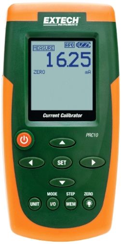 Extech PRC10-NIST Current Calibrator/Meter, Precision Current Source/Measure Calibrator, Certificate; 0 to 24mA (-25 to 125 percent) readout; 24V DC power source for 2-wire current loop; Up to five user adjustable calibration presets; Palm-sized double molded housing and large dot-matrix digital backlit LCD; Standard banana I/O ports; Large battery bank for extended work cycle; UPC: 793950710128 (EXTECHPRC10 EXTECH PRC10 CALIBRATOR)