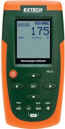 Extech PRC20-NIST Thermocouple Calibrator with Certificate of Calibration Traceable to NIST, Palm-sized double molded housing and large dot-matrix digital backlit LCD with thermocouple type indication, Source and measure 8 thermocouple type devices (J, K, T, E, C, R, S and N), CJC Cold Junction Compensation function, Up to five user adjustable calibration presets (PRC20NIST PRC20 NIST PRC-20-NIST PRC 20-NIST)