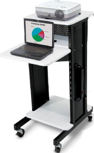 Oklahoma Sound PRC200 Premium Presentation Cart, Black Frame/Ivory Wood Grain, Spread out your laptop, projector and even document camera on its four shelves including a protruding shelf which adjusts from 19 to 39.5, that allows you to keep a laptop at desired height, Unit rolls on four 3 heavy-duty casters (two locking) for easy movement (PRC-200 PRC 200 PR-C200)