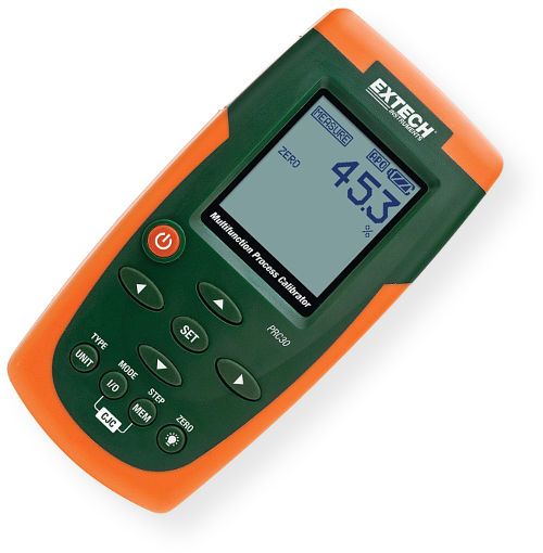 Extech PRC30-NIST Multifunction Process Calibrator with Certificate of Calibration Traceable to NIST, 0 to 24mA (-25 to 125%) readout, 24V DC power source for 2-wire current loop, 0 to 20V DC calibration source, Source and measure 8 thermocouple type devices (J, K, T, E, C, R, S and N), CJC - Cold Junction Compensation function, Up to five user adjustable calibration presets (PRC30NIST PRC30 NIST PRC-30-NIST PRC 30-NIST)