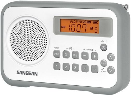 Sangean PR-D18GR FM-Stereo/AM Digital Tuning Portable Receiver, White/Gray, 10 Station Presets (5 FM, 5 AM), Easy to Read LCD Display with Backlight, Adjustable Tuning Step, Auto Seek Stations, Clock Available, 2 Alarm Timers by Radio or Buzzer, HWS (Humane Wake System) Buzzer, Adjustable Sleep Timer, Snooze Function, UPC 729288020172 (PRD18GR PR-D18-GR PRD18-GR PR-D18 PR D18GR PRD18)