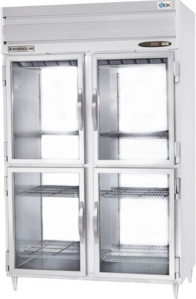 Beverage Air PRD2-1BHG Two Section Glass Half Door Pass-Thru Refrigerator, 12 Amps, 60 Hertz, 1 Phase, 115 Volts, Doors Access Type, 50 Cubic Feet Capacity, Top Mounted Compressor, All Stainless Steel Construction, Swing Door Style, Glass Door Type, 3/4 Horsepower, Freestanding Installation Type, 8 Number of Doors, 6 Number of Shelves, 2 Sections, 6