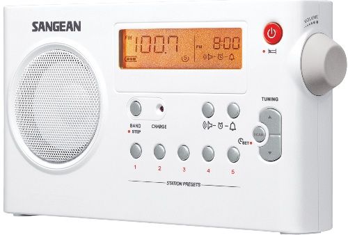 Sangean PR-D7 FM/AM Compact Digital Tuning Portable Receiver, White, 10 Memory Preset Stations (5 FM, 5 AM), Powered by Both Rechargeable and Dry Cell Batteries, Rechargeable with Battery Power Indicator, PLL Synthesized Tuning System, Alarm by Radio or HWS (Humane Wake System) Buzzer, Auto Seek Station, Sleep Timer, Snooze Function, UPC 729288029274 (PRD7 PR-D7 PR-D7)