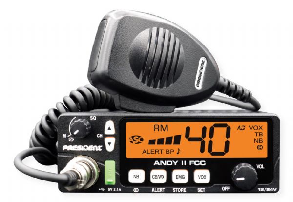 President ANDY II FCC CB Radio with 40 Channels, 7 Weather Channels, Weather Alert, Scan, VOX, and 7 Color Display; 12 / 24 V; Up/down channel selector; Volume adjustment and ON/OFF; Manual squelch and ASC; Multi-functions LCD display; S-meter; ANL filter , NB; Dimensions 4.92(W) x 6.89(D) x 1.77(H) inches; Weight 1.98 lbs (PRESIDENTANDYII PRESIDENT-ANDYII ANDYII ANDYII-FCC CBRADIO ANDY/II) 