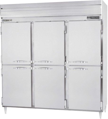 Beverage Air PRF48-24-1AHS-02 Half Solid Doors Top 3 Section Mounted Dual Temperarure Reach-In, Stainless Steel; 46.6/23.1 cu.ft. capacity; 1/3-1/2 Horsepower; Separate top mount evaporator housing; Non-electric condensate evaporation is provided at the exterior top; Nine heavy duty epoxy coated wire shelves (PRF48241AHS02 PRF48-241AHS-02 PRF4824-1AHS02 PRF4824-1AHS-02 PRF48-24-1AHS02)