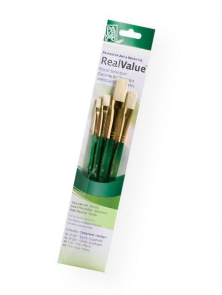 Princeton 9112 RealValue Oil, Acrylic and Stain Bristle Brush Set; These brush sets offer outstanding value and the broadest range available for both professional and novice artists; Choose from an assortment of short handle and long handle sets with various brush shapes for every painting need; Tri-lingual packaging; Set includes bristle brushes bright 2 and 4, flat 6 and 8; UPC 757063918505 (PRINCETON9112 PRINCETON-9112 REALVALUE-9112 PRINCETON/9112 REALVALUE/9112 ARTWORK PAINTING)