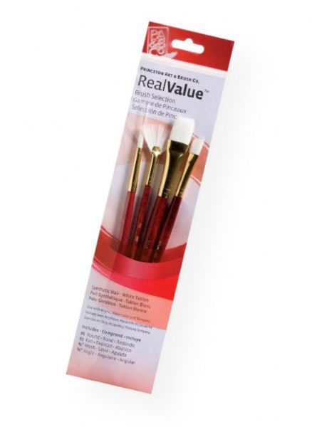 Princeton 9120 RealValue Watercolor, Acrylic and Tempera White Taklon Brush Set; These brush sets offer outstanding value and the broadest range available for both professional and novice artists; Choose from an assortment of short handle and long handle sets with various brush shapes for every painting need; Tri-lingual packaging; Set includes white taklon brushes round 6, fan 2, wash .625