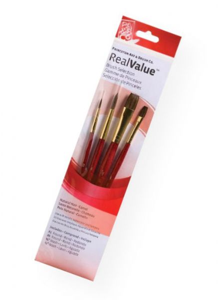 Princeton 9121 RealValue Watercolor, Acrylic and Tempera Camel Brush Set; These brush sets offer outstanding value and the broadest range available for both professional and novice artists; Choose from an assortment of short handle and long handle sets with various brush shapes for every painting need; Tri-lingual packaging; Set includes camel brushes round 2 and 6, wash .25