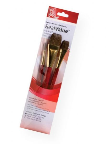 Princeton 9122 RealValue Watercolor, Acrylic and Tempera Camel Brush Set; These brush sets offer outstanding value and the broadest range available for both professional and novice artists; Choose from an assortment of short handle and long handle sets with various brush shapes for every painting need; Tri-lingual packaging; Set includes camel brushes round 6, wash .625