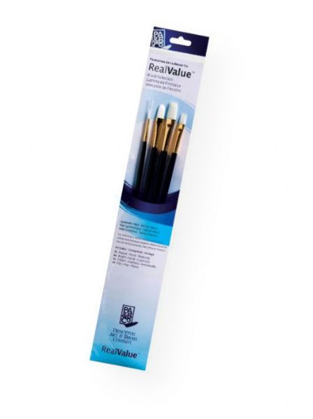 Princeton 9130 RealValue Watercolor, Oil, Acrylic and Tempera White Taklon Brush Set; These brush sets offer outstanding value and the broadest range available for both professional and novice artists; Choose from an assortment of short handle and long handle sets with various brush shapes for every painting need; Tri-lingual packaging; Set includes long handle white taklon brushes bright 4, flat 6, filbert 4, and round 1; UPC 757063918598 (PRINCETON9130 PRINCETON-9130 REALVALUE-9130 ARTWORK)