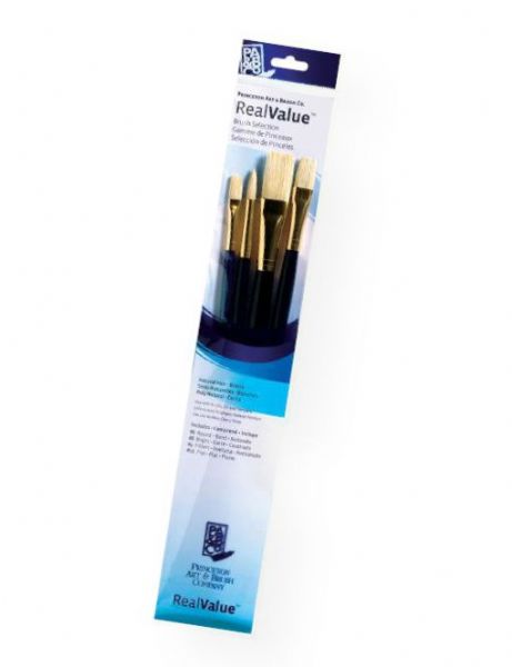 Princeton 9131 RealValue Oil, Acrylic and Stain Bristle Brush Set; These brush sets offer outstanding value and the broadest range available for both professional and novice artists; Choose from an assortment of short handle and long handle sets with various brush shapes for every painting need; Tri-lingual packaging; Set includes long handle bristle brushes bright 8, filbert 4, round 6, flat 12; Contents subject to change; UPC 757063918604 (PRINCETON9131 PRINCETON-9131 REALVALUE-9131 ARTWORK)