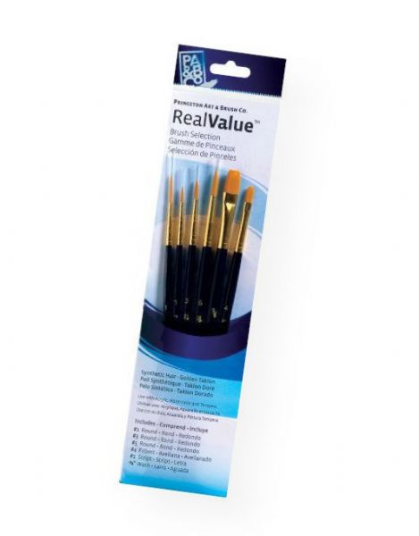 Princeton 9132 RealValue Watercolor, Acrylic and Tempera Golden Taklon Brush Set; These brush sets offer outstanding value and the broadest range available for both professional and novice artists; Choose from an assortment of short handle and long handle sets with various brush shapes for every painting need; Tri-lingual packaging; Set includes golden taklon brushes filbert 4, rounds 1, 3, 5, script 1, wash .375