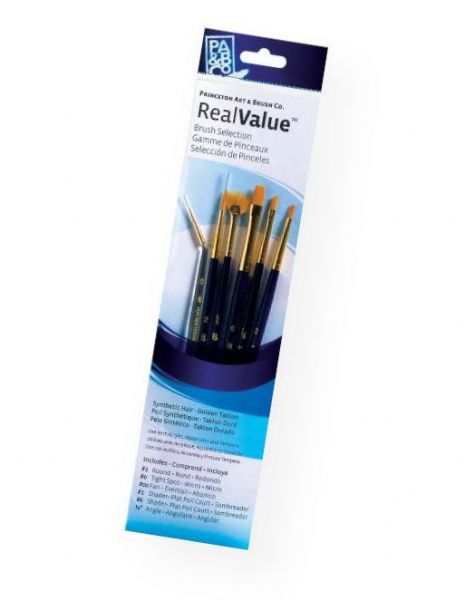 Princeton 9133 RealValue Watercolor, Acrylic and Tempera Brush Golden Taklon Set; These brush sets offer outstanding value and the broadest range available for both professional and novice artists; Choose from an assortment of short handle and long handle sets with various brush shapes for every painting need; Tri-lingual packaging; UPC 757063918628 (PRINCETON9133 PRINCETON-9133 REALVALUE-9133 ARTWORK)