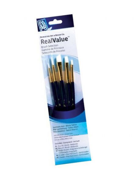 Princeton 9136 RealValue Watercolor, Acrylic and Tempera White Taklon Brush Set; These brush sets offer outstanding value and the broadest range available for both professional and novice artists; Choose from an assortment of short handle and long handle sets with various brush shapes for every painting need; Tri-lingual packaging; Set includes white taklon brushes round 1 and 4, shader 4 and 8, angle shader .375