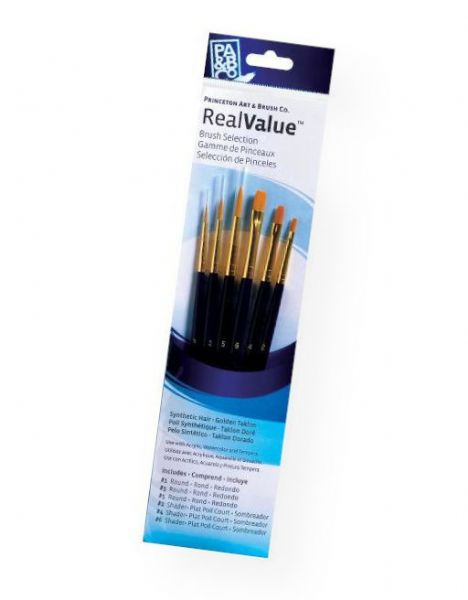 Princeton 9137 RealValue Watercolor, Acrylic and Tempera Golden Taklon Brush Set; These brush sets offer outstanding value and the broadest range available for both professional and novice artists; Choose from an assortment of short handle and long handle sets with various brush shapes for every painting need; Tri-lingual packaging; Set includes golden taklon brushes round 1, 3, and 5, shaders 2, 4, and 6; UPC 757063918642 (PRINCETON9137 PRINCETON-9137 REALVALUE-9137 ARTWORK)