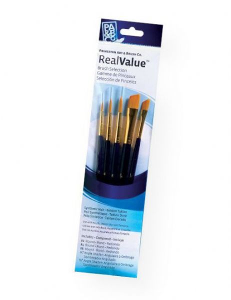 Princeton 9139 RealValue Watercolor, Acrylic and Tempera Golden Taklon Brush Set; These brush sets offer outstanding value and the broadest range available for both professional and novice artists; Choose from an assortment of short handle and long handle sets with various brush shapes for every painting need; Tri-lingual packaging; Set includes golden taklon brushes round 2, 4, and 6, anglers .25