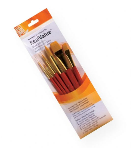 Princeton 9153 RealValue Watercolor, Acrylic and Tempera Brush Golden Taklon Set; These brush sets offer outstanding value and the broadest range available for both professional and novice artists; Choose from an assortment of short handle and long handle sets with various brush shapes for every painting need; Tri-lingual packaging; UPC 757063918758 (PRINCETON9153 PRINCETON-9153 REALVALUE/9153 PAINTING ARTWORK)