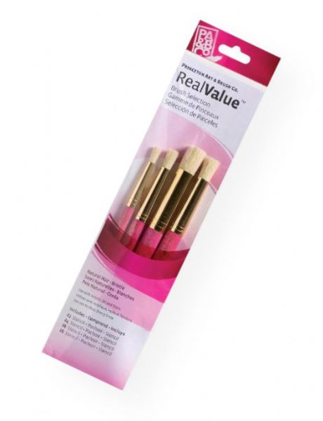 Princeton 9180 RealValue Oil, Acrylic and Stain Bristle Brush Set; These brush sets offer outstanding value and the broadest range available for both professional and novice artists; Choose from an assortment of short handle and long handle sets with various brush shapes for every painting need; Tri-lingual packaging; Set includes bristle brushes stencil 2, 4, 6, and 8; Contents subject to change; Shipping Weight 0.09 lb; UPC 757063918840 (PRINCETON9180 PRINCETON-9180 REALVALUE-9180 ARTWORK)